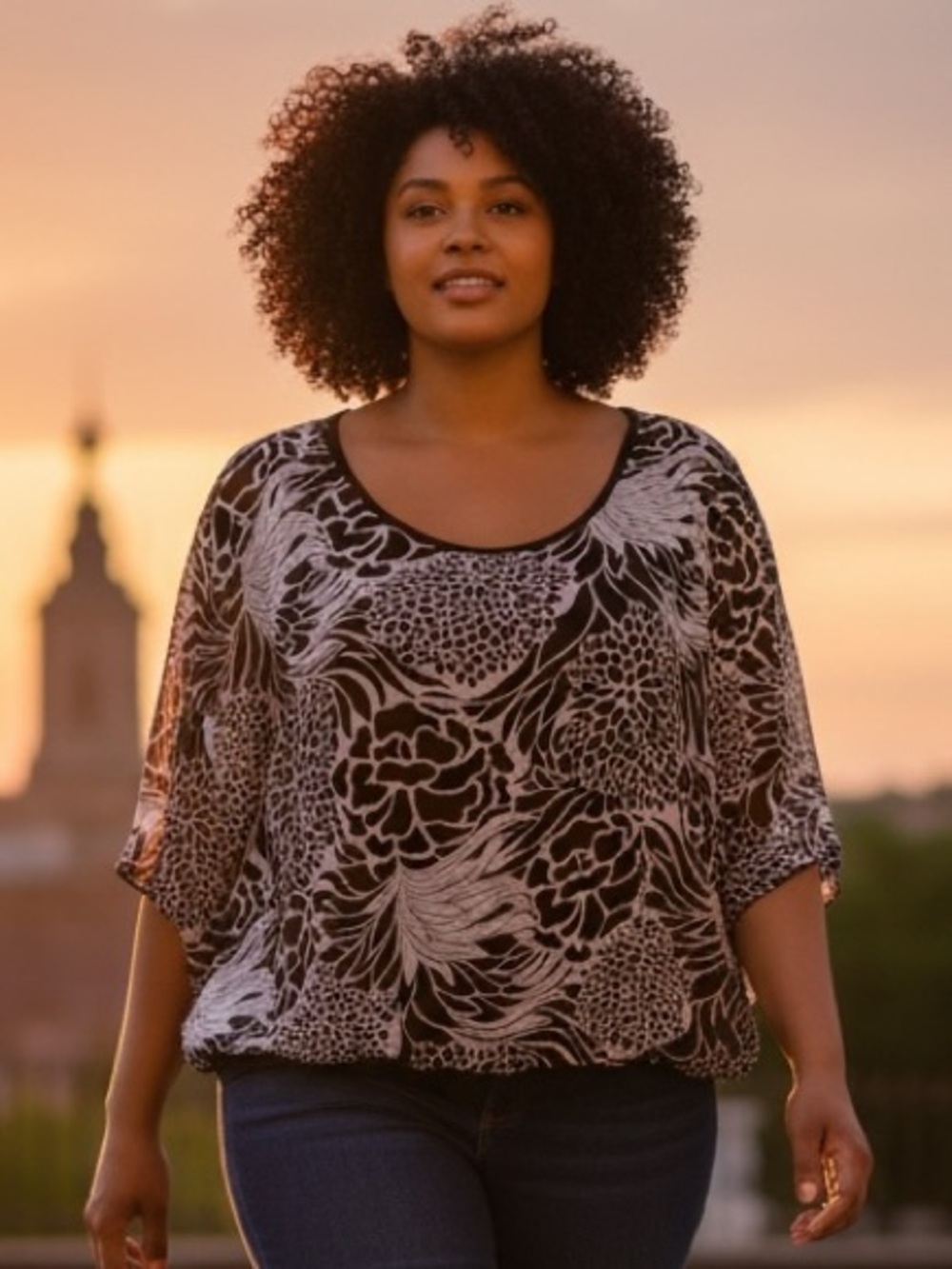 Yummy Plus 4X 5X Shirt Scoop Neck Floral Print Top Black White
